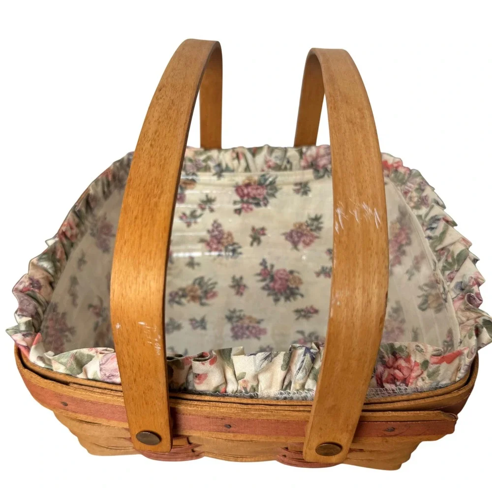 Longaberger 1992 Handwoven Square Basket Floral Liner Plastic Insert Signed TH